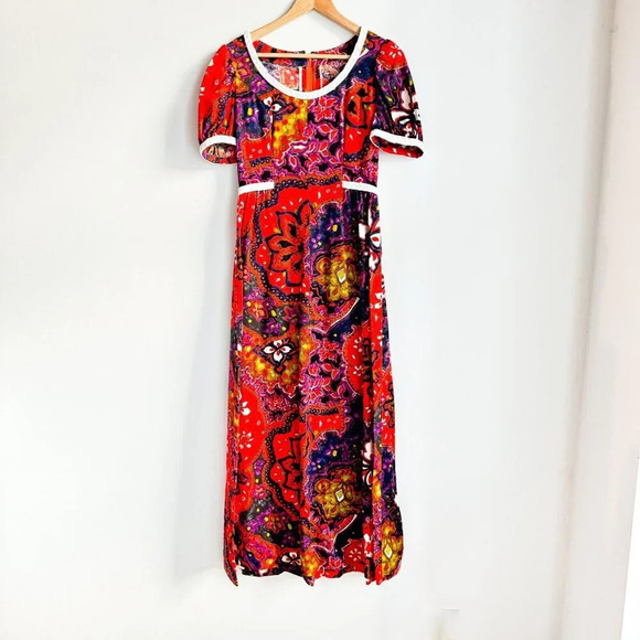 Vintage Colourful Paisley Print THC Hawaiian Textiles Barkcloth Maxi Dress S/M - Picture 5 of 11